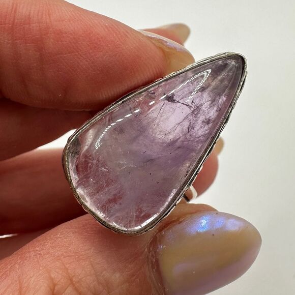 Stunning Large Pear cut Cabochon Amethyst in sterling silver ring! Size 11 - Picture 3 of 15